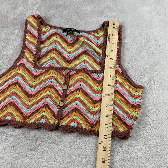 Forever 21 Crochet Crop Top Women Small Button Front Square Neck Hippie Festival - Picture 8 of 9